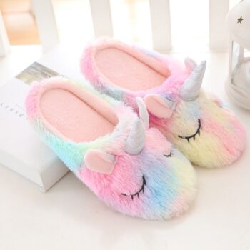 Chaussons pantoufles licorne arc-en-ciel douce pour femme