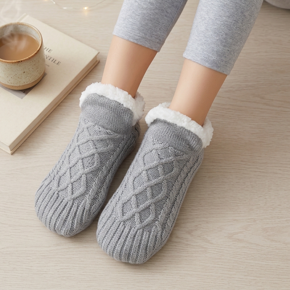 Chaussons en laine gris portés par une femme avec un livre et une tasse, sur fond beige