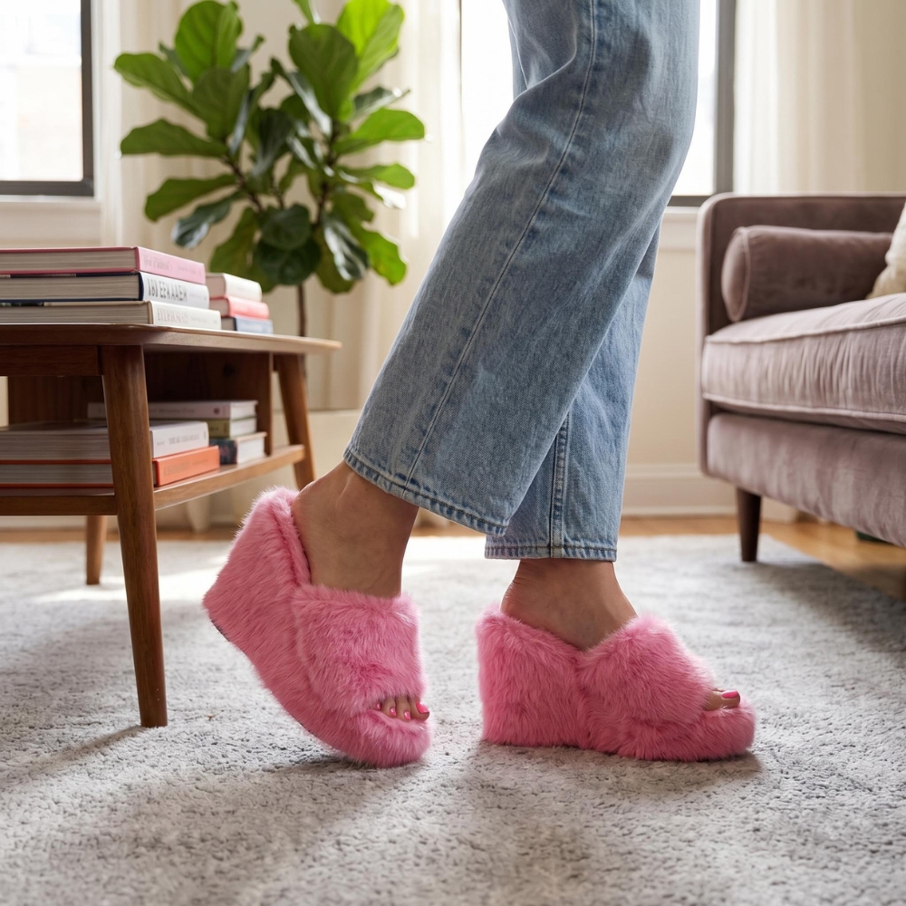 Pantoufles en fourrure à talons compensés pour femmes – Image 3