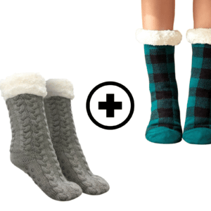 Dewxu produits sont présentés sur fond blanc, une paire de chaussettes molletonnées pour femme à carreaux verte et noire, et une autre paire grise en tricot, chacun a le haut de la chaussette avec de la fourrure blanche