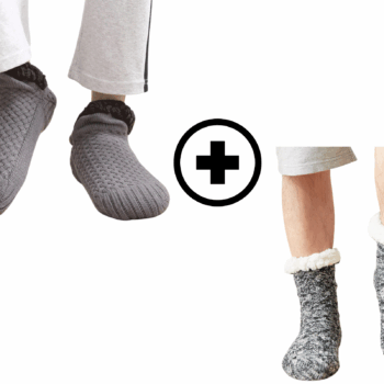 deux produits sont présentés, une paire de chaussette longue et une courte, et les deux sont grises et molletonnées