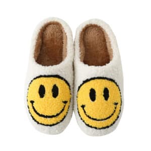 Chaussons tricot blanc avec emoji sourire jaune pour femmes