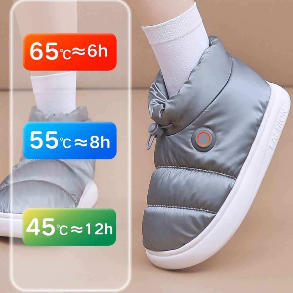 Chaussons chauffants, USB, gris et blanc, 3/4 à chaleur réglable et continue sur fond beige